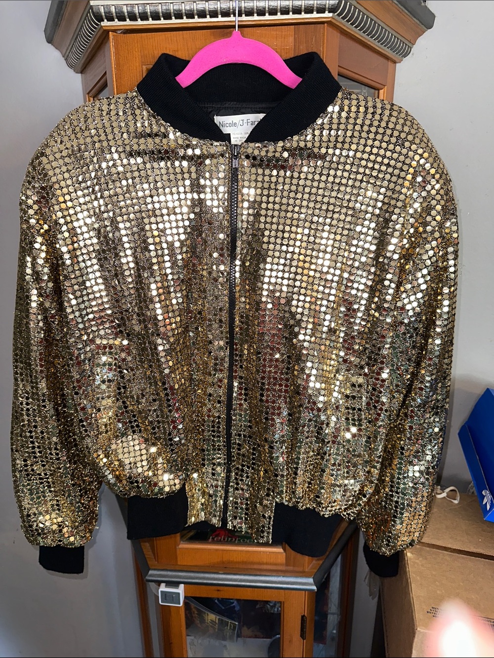 Nicole Gold Sequin Bomber Jacket with Black Trim